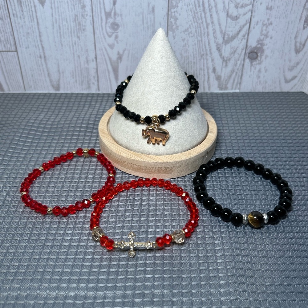 Black and Red Beaded Bracelets Set with Tigers Eye